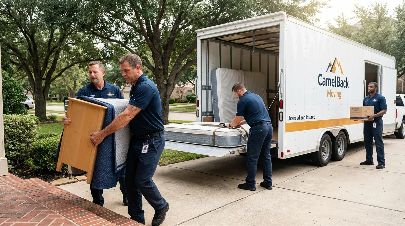 Crew loading residential truck for cross-state move from Ashdown, AR
