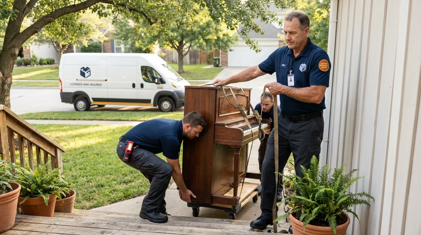 Licensed piano movers securing grand piano in Ashdown, AR