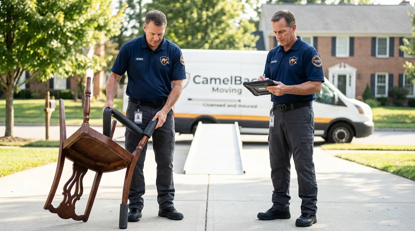 Movers inspecting furniture for damage prevention before loading in Ashdown, AR