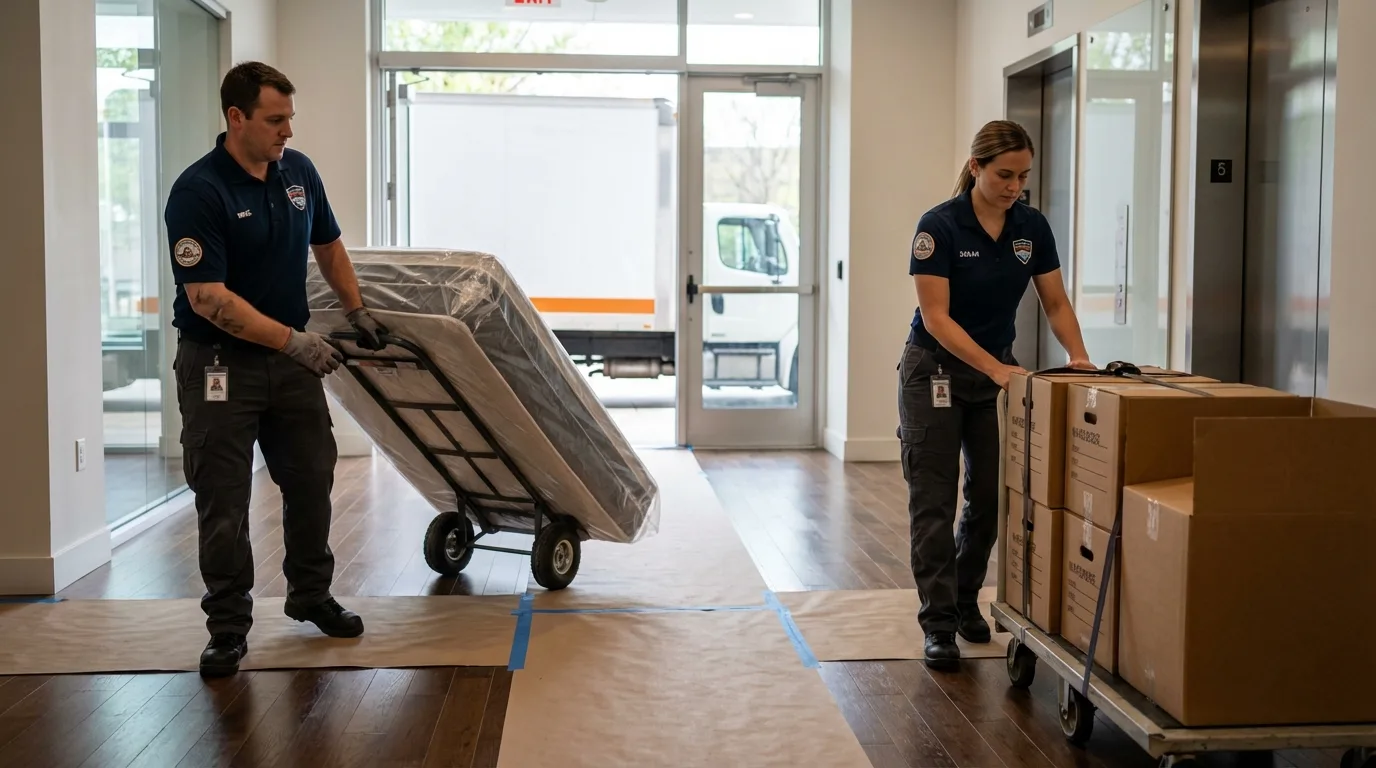 Professional apartment movers loading elevator in Ashdown, AR