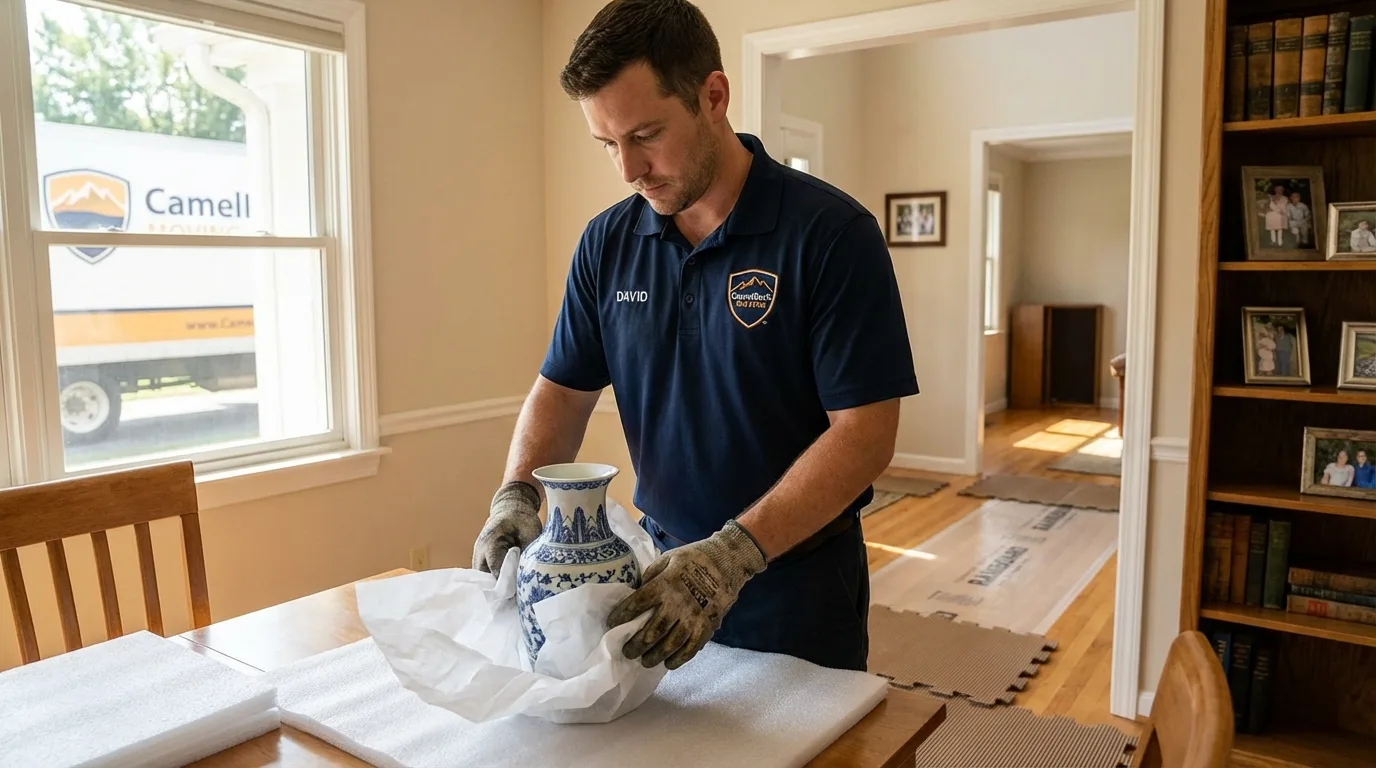 Professional crew carefully wrapping antique vase for senior downsizing move in Ashdown, AR